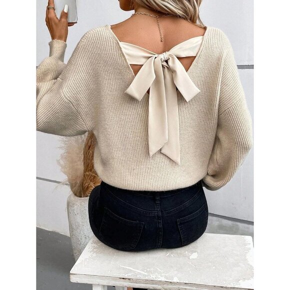 V Neck Sweater Women Knit Off Shoulder Long Sleeve Top Tie Back Apricot - Picture 4 of 6